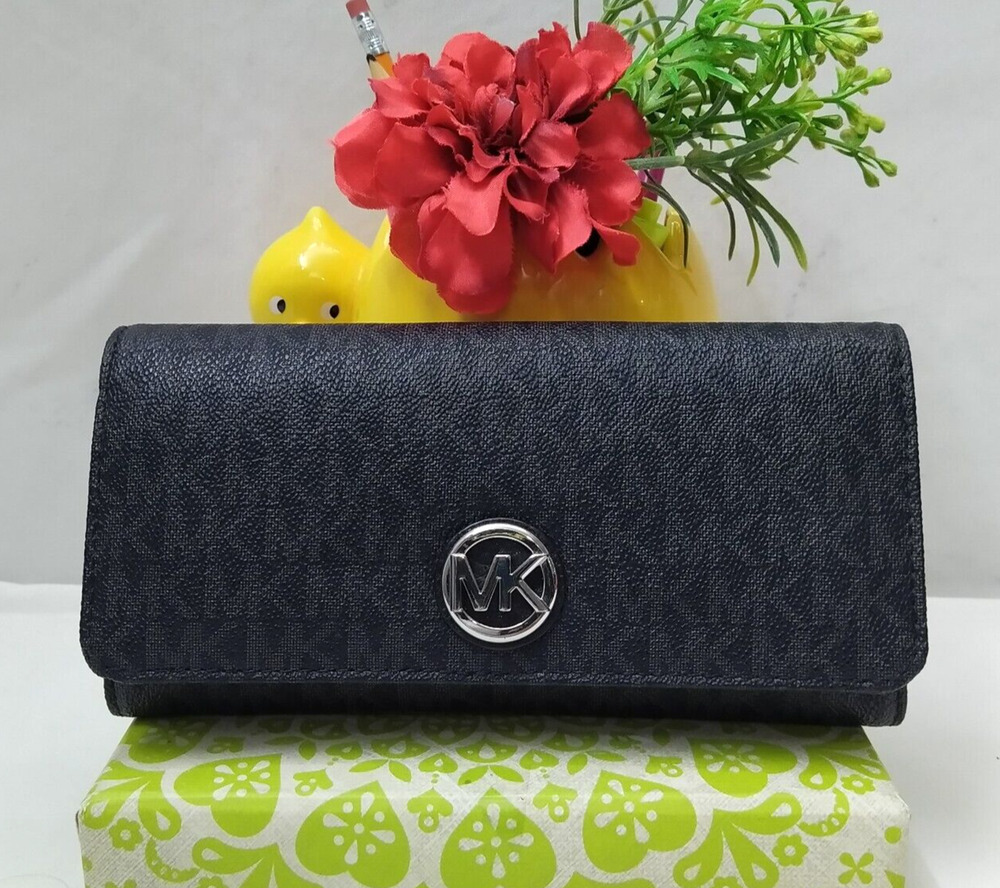 Michael Kors Black Leather MK Printed Round Logo Credit Card Bifold Wallet